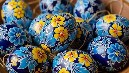 Hand-Painted Easter Eggs with Floral Designs in a Basket.
