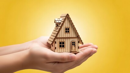 Hands holding a miniature wooden house against a yellow background.