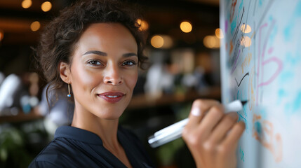 Portrait of beautiful successful faceless businesswoman making team presentation in meeting room in creative office, innovative Black female discussing new project plan on whiteboa