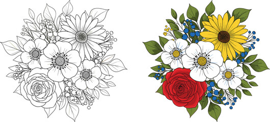 Detailed Floral Bouquet Vector with Rose, Daisy, Sunflower, and Berries: Outline and Color
