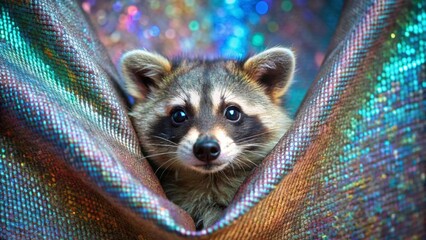 A Curious Raccoon Peeking from Iridescent Fabric, a Captivating Portrait of Wildlife Amidst Shimmering Hues