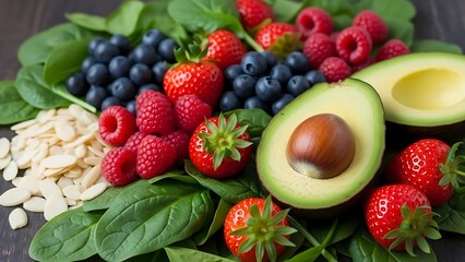 Healthy eating - Fresh berries, avocado, spinach, and almond flakes.