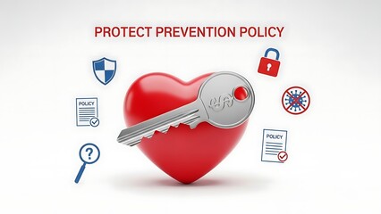 Heart Health Protection Policy Concept with Key and Icons.
