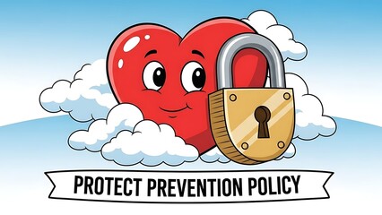 Heart Health Protection - Prevention Policy with Lock and Cartoon Heart.