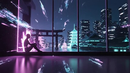 Solitary silhouette sitting by a dark window overlooking a synthwave neon futuristic Japanese city with skyscrapers and traditional architecture, suitable for introspection concepts and EDM visuals. - Powered by Adobe