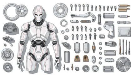 Sci-fi Robot Disassembled Mechanical Parts, Components and Gears, Detailed Vector Illustration of a Bionic Android or Cyborg for Manufacturing and Technology, Isolated on White Background. © MstBeauti