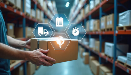 Warehouse worker holds brown cardboard box, ready for customer delivery. Modern storage facility with packed goods on shelves. Digital icons show delivery truck, checklist, stopwatch, global idea.