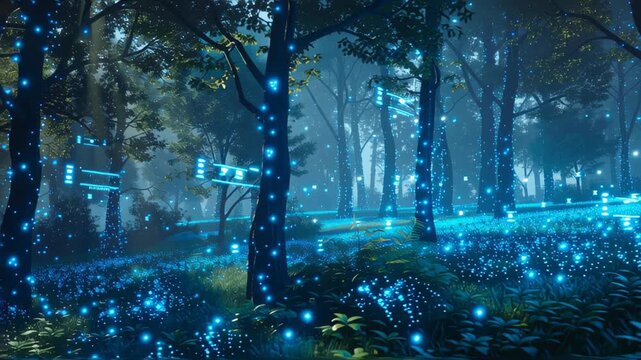 Experience a breathtaking digital forest where advanced technology intertwines with serene nature, creating a mesmerizing, futuristic landscape filled with glowing blue light and ethereal magic.