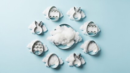 Easter cookie cutters on light blue background with fluffy clouds for festive baking inspiration