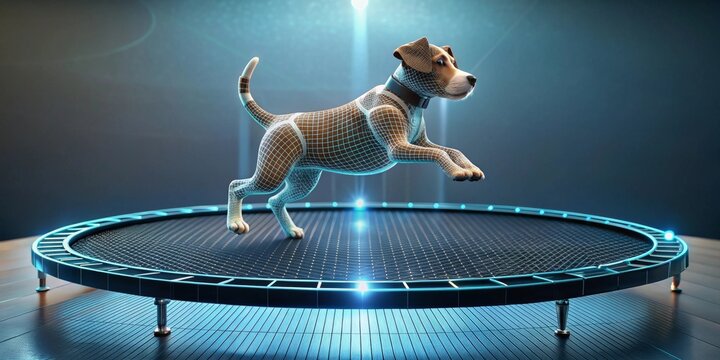 Wireframe Canine Leaps on Futuristic Rebounder in a Digital Studio Setting
