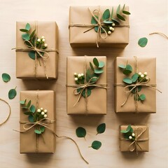 Kraft-wrapped gifts with twine and eucalyptus on white table, soft tones creating clean Nordic Christmas minimalism.