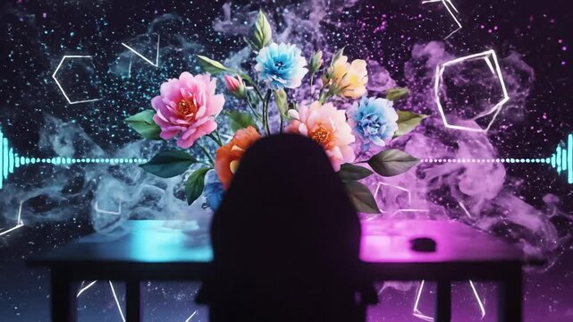 Abstract visualizer with colorful flowers on a table, surrounded by neon smoke and audio reactive equalizer bars, ideal for music videos and streaming backgrounds.