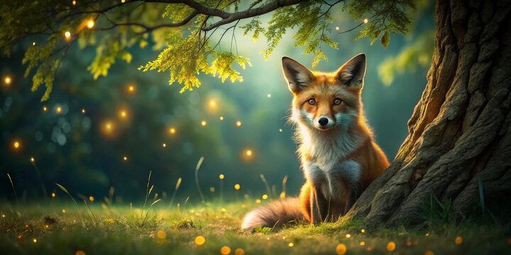 A Majestic Red Fox Sits Serene Beneath a Canopy of Glowing Lights in a Tranquil Forest Setting