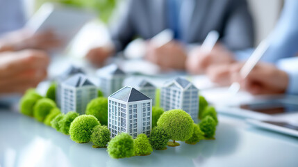 Architectural model of neighborhood district, team of faceless real estate developers architects and business people working on urban planning project, defocused collaborative deve