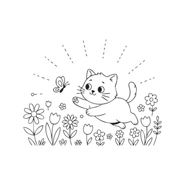A cat is chasing a butterfly in a field of flowers. The cat is in the middle of the image and the butterfly is on the right side. The flowers are scattered throughout the field