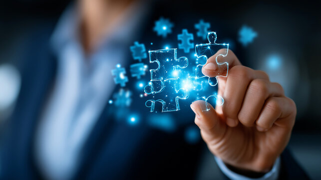 Faceless business team joining digital puzzle pieces creating innovative solutions, defocused collaboration metaphor, problem-solving visualization, teamwork concept, strategic par