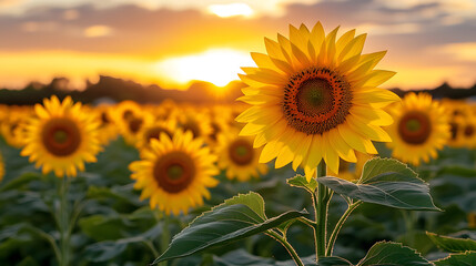 Fototapeta premium Sunflower field at sunset with bright flowers and sky in the background