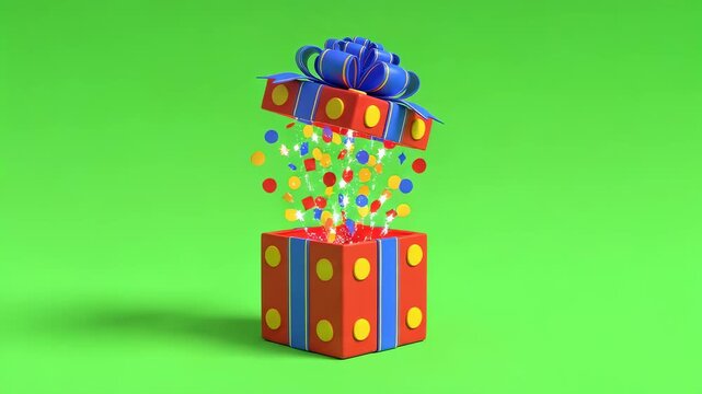 Opening gift box with bright confetti explosion effect on green screen for chromakey. Motion graphic element for birthday or party.