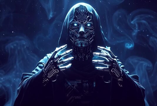  generative animation. cyber monk manipulates  energy	
