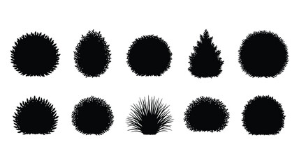 Arrangement of black textured shapes resembling bushes or trees on white