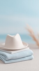 Towels Hat casually styled depicts folded towel stack alongside hat resting table, evoking sense peaceful domesticity