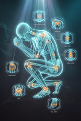 Digital skeleton in crouched pose with glowing joint markers and labeled insets. A high-detail medical illustration for anatomy, diagnostics, and joint stress visualization in dark, clinical style.