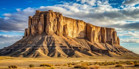 A majestic sandstone formation rises against a vibrant sky, its weathered texture and dramatic shadows telling a story of time and erosion.