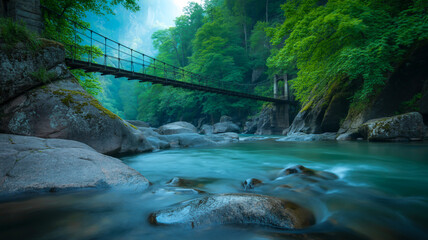 A serene landscape photograph of a suspension bridge spanning across a rushing river in a lush green canyon (1)