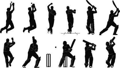 Set of black silhouette cricket players in batting, bowling, and wicket-keeping action poses, including batsman, bowler, and fielder figures, isolated sport vector illustration on white. © MstBeauti