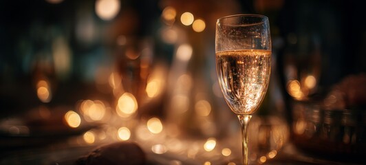 Soft champagne glass reflections with warm glowing bokeh, romantic elegant atmosphere, premium lighting, festive countdown mood, luxurious celebration background