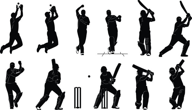 Set of black silhouette cricket players in batting, bowling, and wicket-keeping action poses, including batsman, bowler, and fielder figures, isolated sport vector illustration on white.