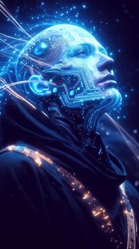  generative animation. cyber monk manipulates  energy	