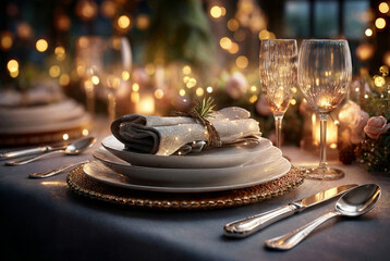 The luxurious festive table setting in warm golden tones embodies elegant celebration and hospitality.
