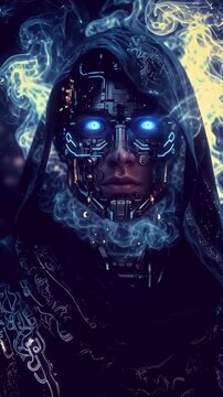  generative animation. cyber monk manipulates  energy	