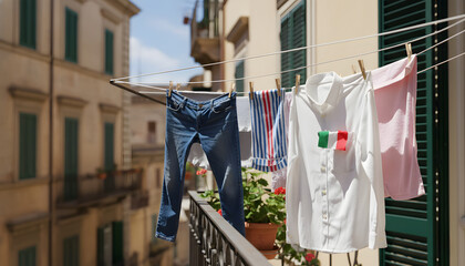 Clothesline with laundry hanging on an Italian balcony with a small flag