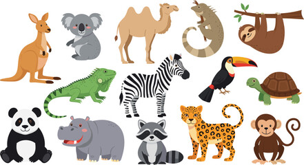 Naklejka premium A large, colorful collection of diverse wild animals from around the world, including kangaroo, panda, zebra, hippo, camel, lizard, sloth, and toucan, isolated on white.