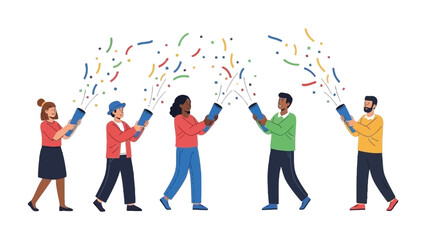 Confetti Blast of Celebration: Illustrative image of diverse people celebrating by launching colorful confetti in air, a symbol of happiness and communal festivity. 