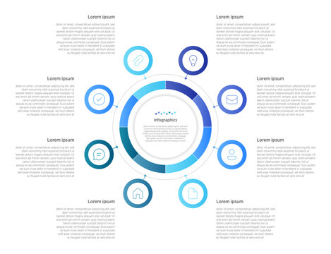 8 circle infographics are visual layouts with eight interconnected or segmented circles, used to depict cycles, steps, processes, or data points in presentations and reports.