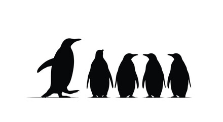 A silhouette of five penguins walking in a single file line