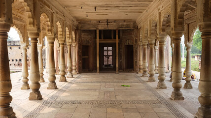 India, Madhya Pradesh, Satna, Carvings of Hindu Deities Inside The Mandapa of Ganesh Bagh Temple, 18th Century Peshwa Period Monument. Chitrakoot.