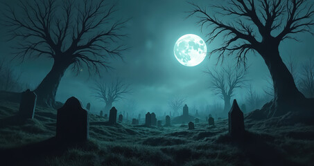 Fototapeta premium Spooky cemetery at night under a bright full moon. Dark gnarled trees surround gravestones on a foggy hill. Eerie atmosphere suggests horror or ghost stories.