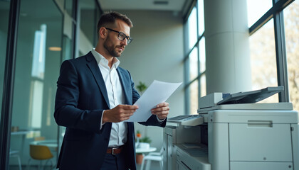 Businessman checks document near office printer. Person uses machine for print, copy, scan tasks. Professional works with office equipment in modern workplace.