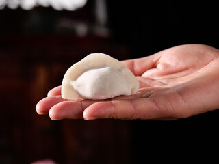 Freshly Made Traditional Handmade Dumpling Held in Hands - Gourmet Asian Cuisine