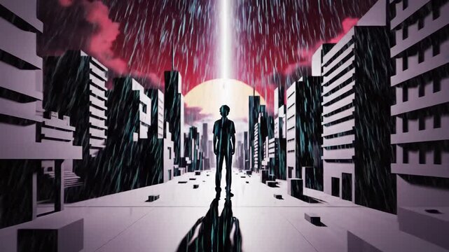 Stylized 2D animation of a lone traveler standing in a neo-noir cityscape under heavy rain and a pulsing red sky, illuminated by a celestial light beam, perfect for dystopian narratives and futuristic