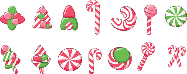 Christmas candy vector illustration with leaves set .