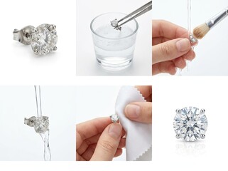 Step by step guide on how to clean a diamond stud earring, showing the process from dirty to sparkling clean