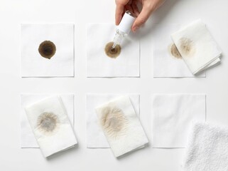 Process of cleaning a liquid spill from a white surface with a dropper and paper towel
