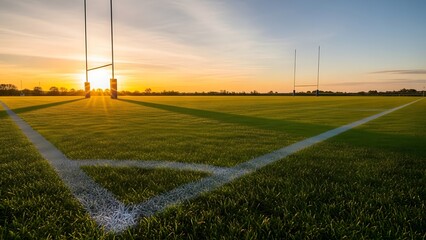 Scenic rugby field with goal posts silhouetted against a vibrant golden sunset sky, showcasing fresh green grass and white markings on a clear evening