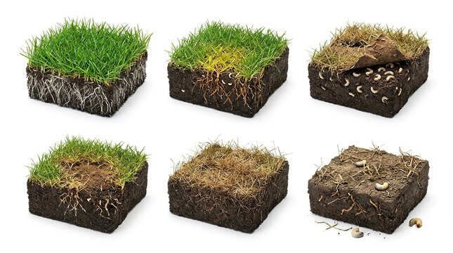 Stages of lawn damage caused by grub infestation showing healthy and dying grass