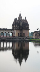 India, Madhya Pradesh, Satna, Beautiful View of Ganesh Bagh Temple Surrounded by Pond, the 18th Century Monument Built by Vinayak Rao Peshwa.